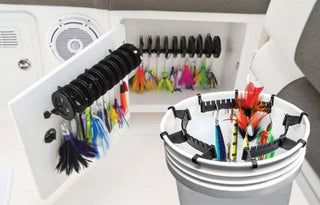 Picture of Dubro's popular fishing bucket lure holder along with the advanced fishing leader keeper