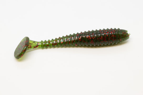 burmek fishing lures DUBRO Fishing Rumpshaker 3.75" Swimbait – Paddle Tail Action Green Pumpkin/Red Flake