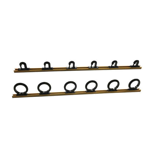 Best custom fishing rod rack system available with a gold track and black rod holders.