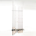 Picture of 8 spinning and bait casting rods stored vertically in the amazing Dubro Trac-A-Rod fishing rack system.