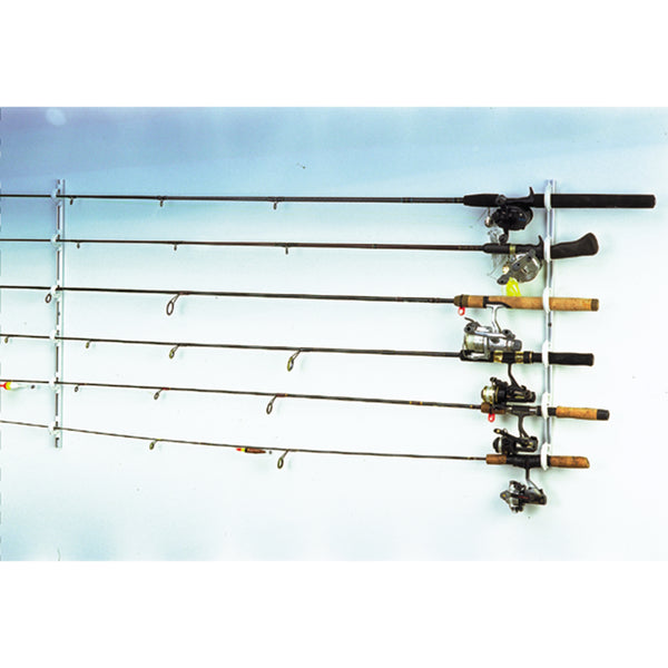 Bait casting and spinning rods and reels stored in a horizontally mounted Dubro Fishing rod rack.