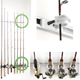 Dubro Custom Trac-A-Rod Rod Racks for holding and storing fishing rods in horizontal and vertical positions on walls and ceilings. Perfect for boats, trucks, garages, basements and more. 